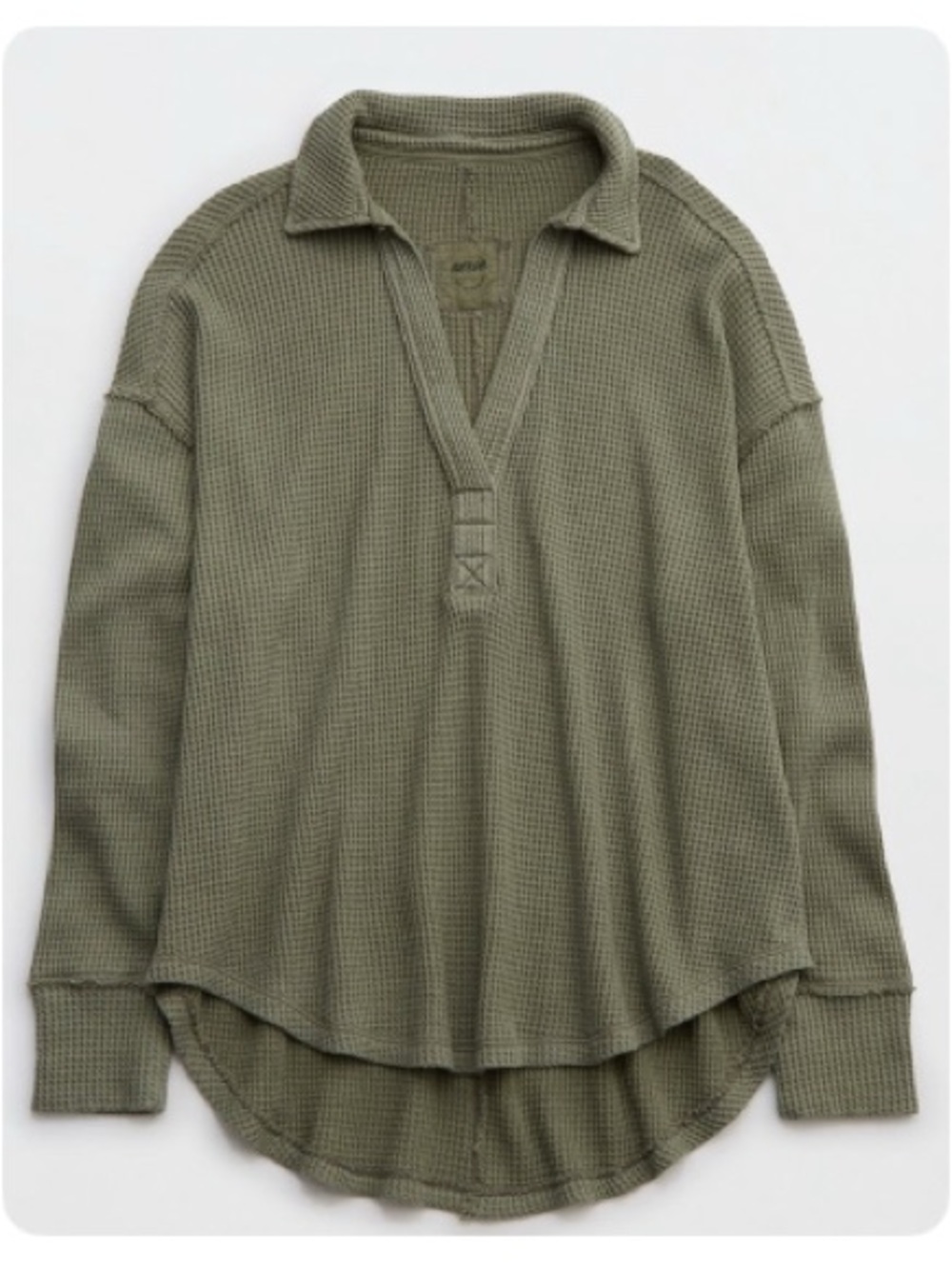 Aerie Olive Green Lumberjane Oversized Waffle Polo Henley